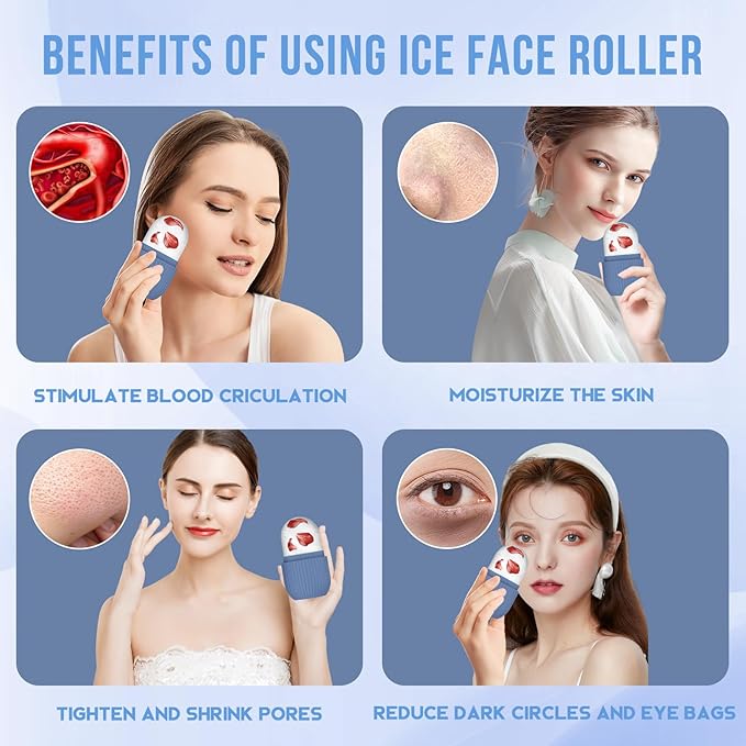 Ice Roller for Face and Eye, Silicone Ice Facial Roller Ice Holder, Face Ice Mold Skin Care, Face Icers Reusable Ice Cube Roller for Shrink Pores Anti Wrinkle Reduce Puffiness, Blue