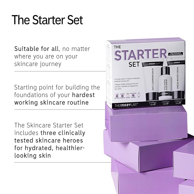The INKEY List Starter Set, Oat Cleansing Balm, Hyaluronic Acid Serum & Omega Water Cream, Nourishing Skincare Set, Gentle Cleanser, Suitable For All Skin Types