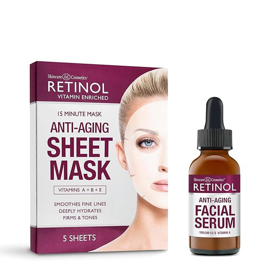 Retinol Anti-Aging Sheet Mask – Hydrating Vitamin-Enriched 15 Minute Treatment With Collagen Anti-Wrinkle Facial Serum – Vitamin-Enriched, Smoothes Fine Lines & Wrinkles
