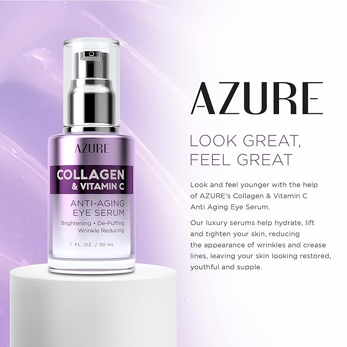 Azure Cosmetics Collagen & Vitamin C Anti Aging Eye Serum - Toning, De-Puffing Serum - Reduces Wrinkles, Fine Lines & Dark Circles - Minimizes Fatigue - Skin Care Made in Korea - 30mL / 1 fl.oz.