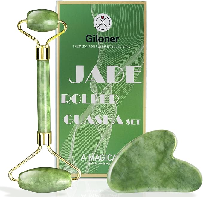 Guasha Tool for Face & Jade Roller for Face,Gua Sha Facial Tools for Reduce Puffiness and Improve Wrinkles,Green Jade Roller and Gua Sha Set Self Care Gifts for Women
