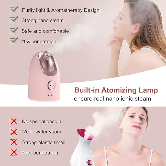 Newbealer Facial Steamer, Mini Aroma Face Steamer, Nano Ionic Hot Mist Facial Humidifier Atomizer, Home Sauna Spa Sprayer Moisturizing Cleansing Pores, 9 Pieces Acne Remover Kit (Pink-Gold, 160ml)