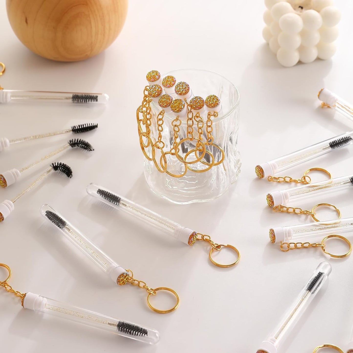 Upgrade 48 Pieces Disposable Mascara Wands Set, Include 24 Pcs Crystal Lash Spoolies Brush and 24 Pcs Reusable Keychain Empty Eyelash Brush Tubes (Gold)