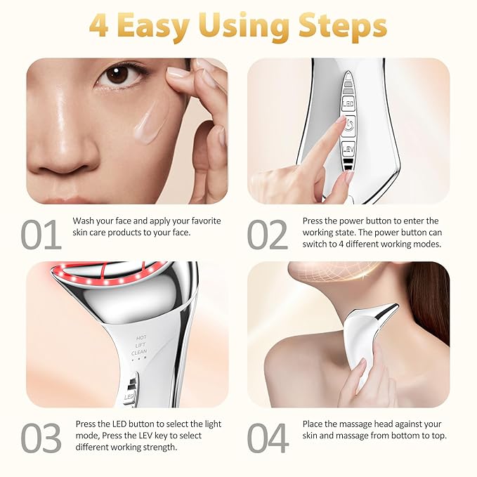 Neck and Face Sculptor with 7-in-1 Led for Skin Care,Water Resistant True Beauty Glow Facial Massager (White)