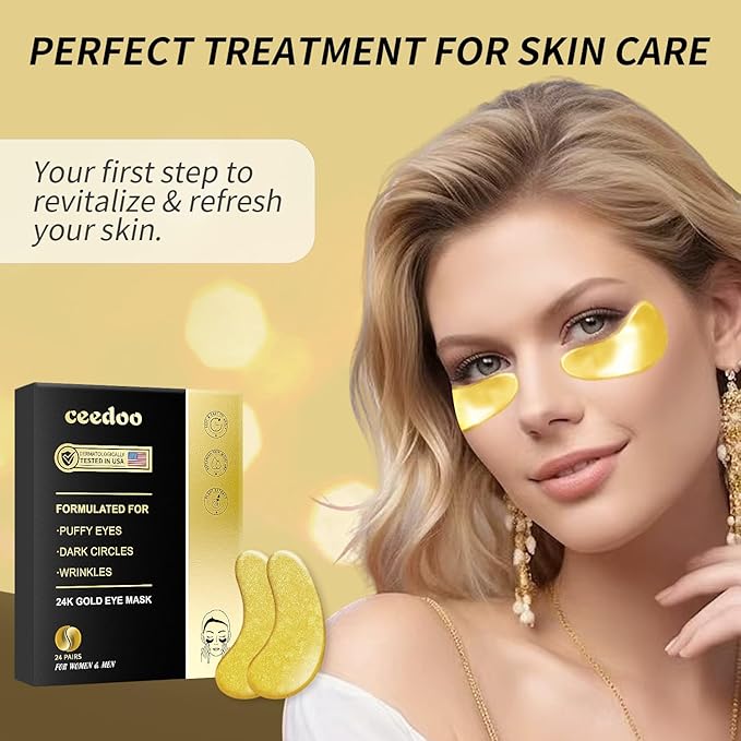 Under Eye Patches - 24 Pairs Gold Under Eye Mask for Puffy Eyes, Dark Circles, Eye Bags, Wrinkles, Collagen Eye Gels with Rejuvenating Treatment, Gifts for Women