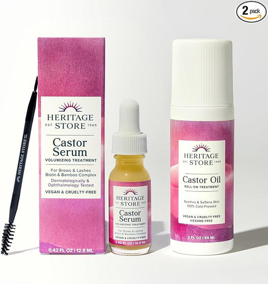 HERITAGE STORE Castor Serum and Castor Oil Roll On - Lash Serum for Fuller, Longer Looking Eyelashes w/Organic Castor Oil, Black Castor Oil, Biotin - Roll-On Hydration for Castor Oil Pack 3oz /0.42oz