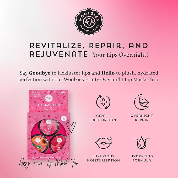 Overnight Lip Sleeping Masks Trio - Set of 3 All Natural Hydrating Lip Treatment - Overnight Repair for Soft, Smooth, Hydrated Lips (3 Pack, Kissy Face)