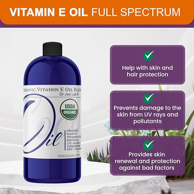 Dr Joe Lab Organic Vitamin E Oil Full Spectrum for Skin, Vitamin E Oil for Hair, Face, Liquid Body Oil, Pure Natural Cold Pressed Unrefined, Moisturizes & Nourishes, Non-GMO - 32 Oz