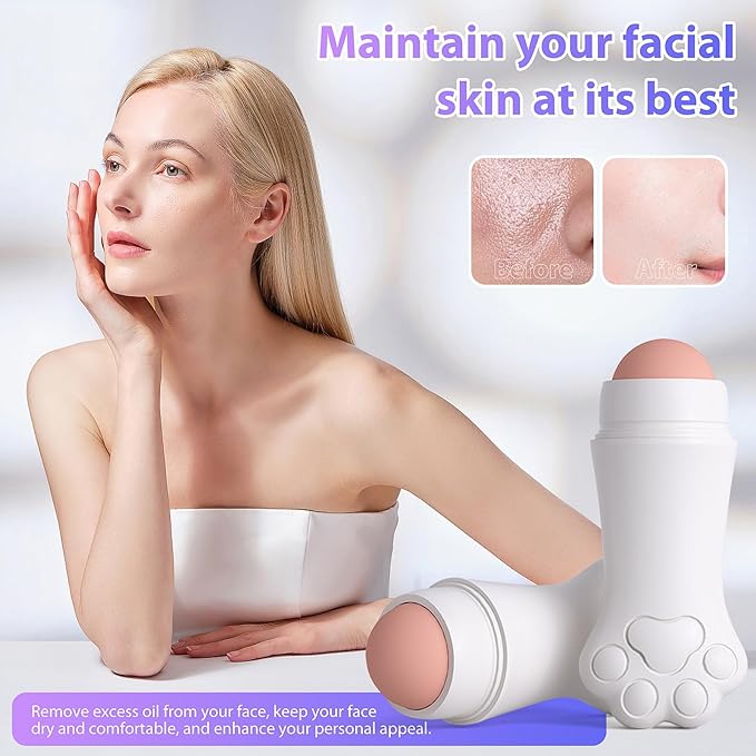 Face Roller oily skin oil absorbing massage tool, natural volcanic stone reusable facial skin care tool 2 packs，easy to carry, control the oiliness of the face (pink and white)