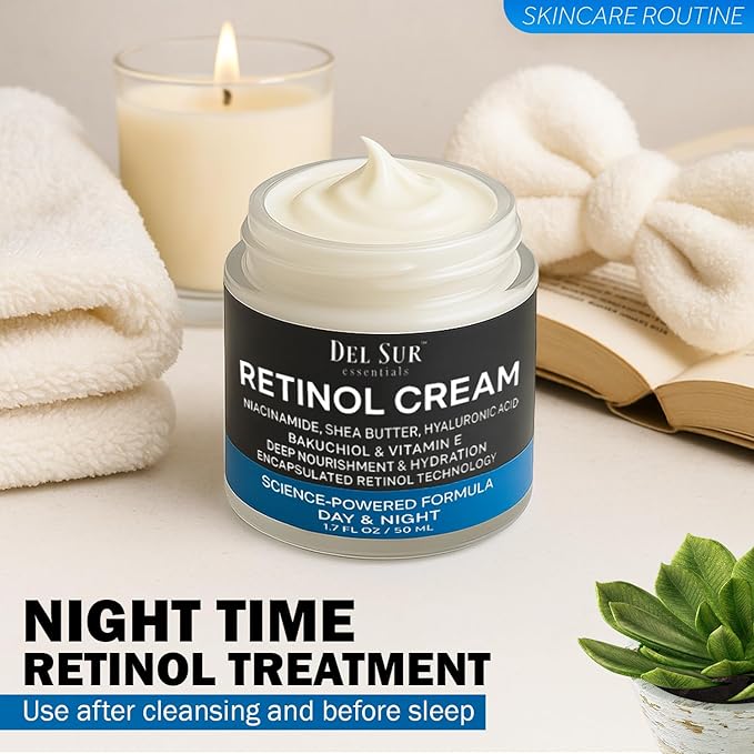 DEL SUR Retinol Cream for Face 50ml – Anti-Aging Night Moisturizer with Hyaluronic Acid, Bakuchiol & Niacinamide – Retinol Cream for Wrinkles, Fine Lines & Dark Spots 50ml