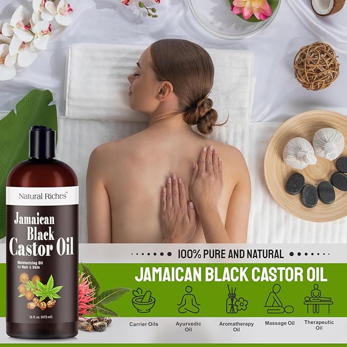 Natural Riches Jamaican Black Castor Oil Pure Organic Cold Pressed for Hair Growth Skin Care for Dry Skin Conditioning Eyebrows Eyelashes Scalp and Nail Moisturizes & Repairs 16fl.oz.