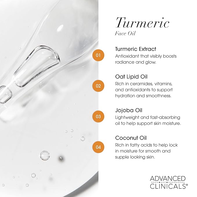 Advanced Clinicals Turmeric Oil Serum For Face | Facial Skin Care Serum With Jojoba + Coconut Oil To Improve Appearance Of Dark Spots & Uneven Skin Tone | Antioxidant Dry Skin Moisturizer, 1.8 Fl Oz