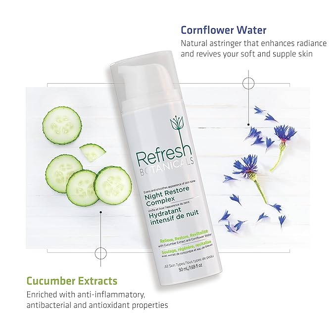 REFRESH BOTANICALS Night Restore Complex | Youth-restoring Night Cream with Cucumber and Cornflower | For Dry to Normal Skin Types | Organic & Natural | Paraben & Chemicals free | 50 ml