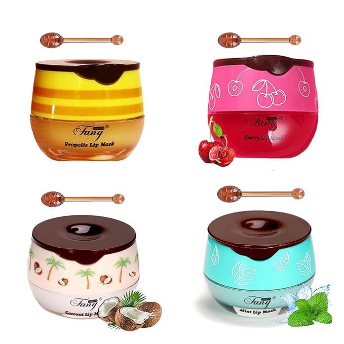 4 PCS Bee Lip Balm Honey Pot,Lip Mask Propolis Moisturizing,Prevention Dry and Cracked Lip Scrubs Exfoliator Lip Wrinkle Skin Care Products (Honey & Coconut & Mint & Cherry)