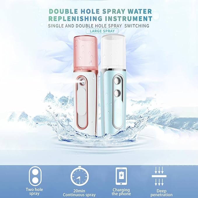 Nano Facial Mister, Cool Mist Face Steamer with 2 Spray Nozzle, USB Rechargeable, Visual Water Tank, Nano Mister for Eyelash Extensions, Skin Care, Daily Makeup, Deep Hydrating-Blue