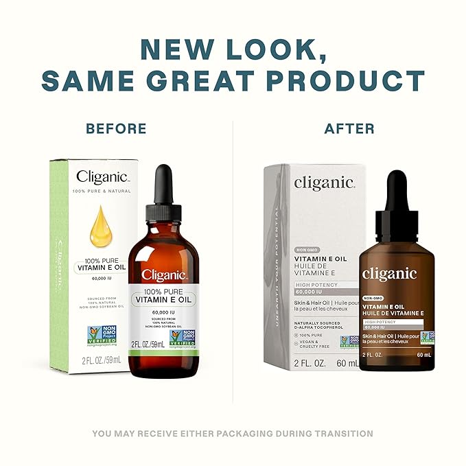 Cliganic 100% Pure Vitamin E Oil for Skin, Hair & Face - 60,000 IU, Non-GMO Verified | Natural D-Alpha Tocopherol (Packaging May Vary)