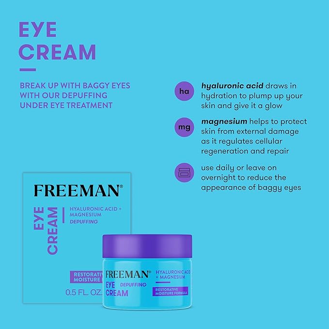 Freeman Eye Cream, Moisturizing Under Eye Cream For Dull & Tired Eyes, Brightens & Depuffs Undereye Skin, Helps Dark Circles, Infused With Magnesium & Hyaluronic Acid, 0.5 fl.oz./ 15 mL Jar