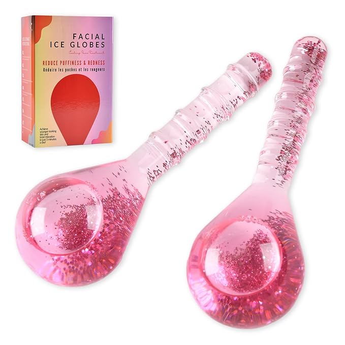 Ice Globes for Face and Eyes, Cooling Facial Facial Roller Balls, Beauty Massage Tools to Reduce Puffiness, Redness, Fine Lines, Cryo Facial Sticks for Home Spa Skincare Routine, Glitter Pink