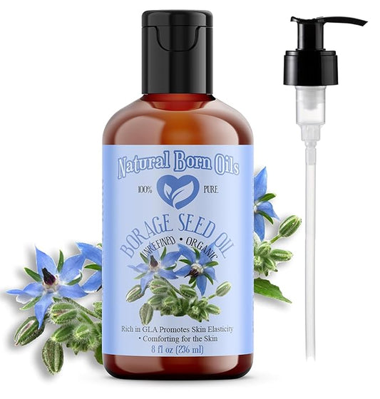 Natural Born Oils Borage Seed Oil, 8oz, Organic, Cold-Pressed, Carrier Oil, Omega-6 Rich, Skin Moisturizer, Hair Health Enhancer
