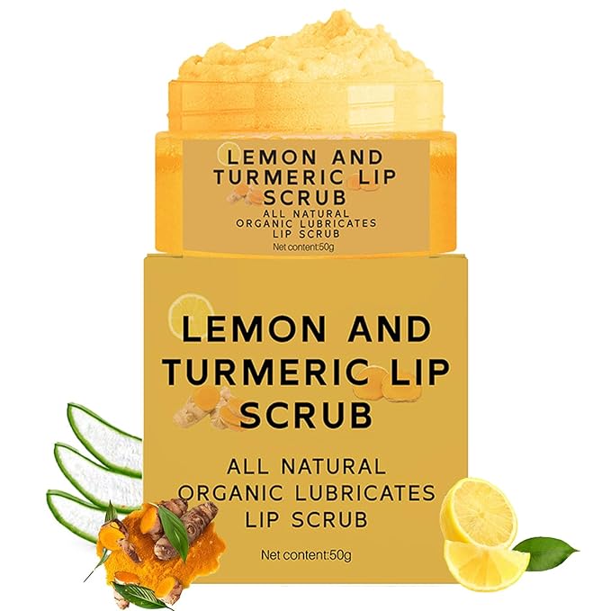 Natural Lip Scrub, Turmeric Lemon Lip Exfoliator Nourishing Sugar Lip Scrub with Aloe Vera Gentle Exfoliant for Dry and Chapped Lips Hydrates & Fade Lip Lines 50g