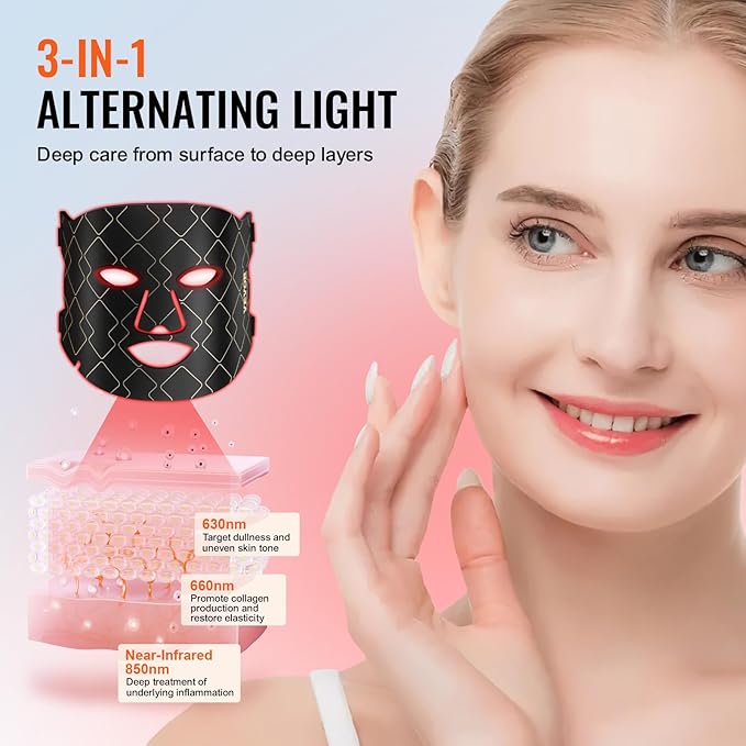 VEVOR Red Light Face Mask, LED Face Mask with 3 Wavelengths and 3 Intensity Levels, Soft Silicone Facial Skin Care Device for Skin Health, Anti Aging Wrinkles, Portable for Travel and Home Use