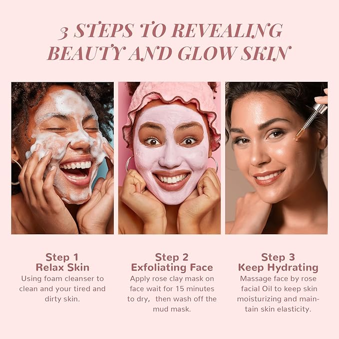 ANAiRUi Rose Skincare Gift Set, Mother's Day Gift for Women, Facial Skincare Kit for Women, Rose & Squalane Face wash and Moisturizer Set with Clay Mask, Face Cleanser and Facial Oil, Purify, Hydrate