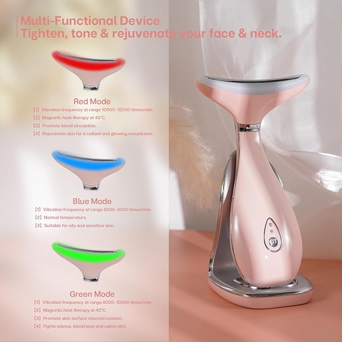 Lily Neck Face Massager, Skin Rejuvenation Beauty Massager, 3-in-1 at-Home Facial Spa Tool, Lifting, Toning and Tightening for a Radiant Appearance (Blush Pink)