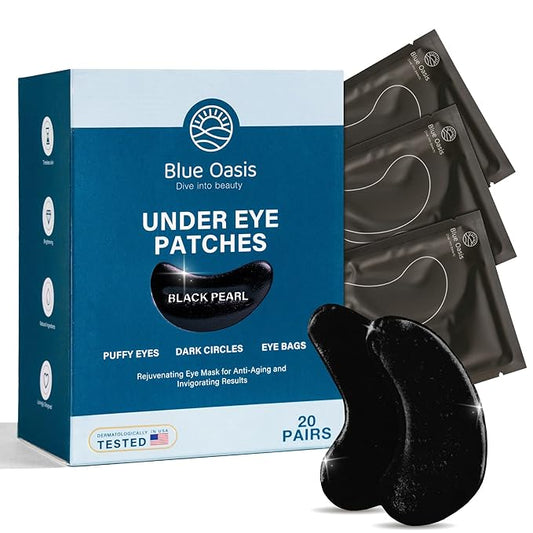 Blue Oasis Under Eye Patches for Puffy Eyes and Dark Circles - 20 Pairs Brightening Black Pearl, Hyaluronic Acid and Collagen Eye Care Gel Pads, Relaxing Self Care and Home Spa Gifts for Women