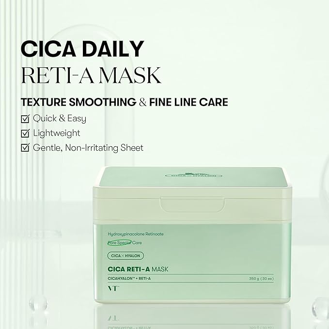 VT COSMETICS CICA Reti-A Daily Mask 30 Sheets, Retinol Complex for Pore Minimizing, Skin Softening & Hydrating Facial Mask, Ideal for Retinol Beginners, Korean Face Mask