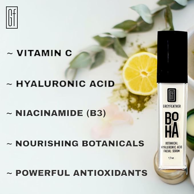 Greyfeather Hyaluronic Acid Serum for Face – Hydrating, Brightening & Anti-Aging Formula with Vitamin C, Niacinamide, Aloe & Botanical Extracts – Natural, Skin-Loving Serum for Radiant Glow (1.7 oz)
