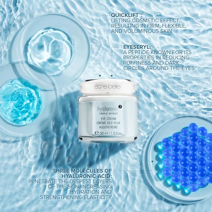 être belle Hyaluronic³ Eye Cream | Anti Aging Under Eye Cream for Puffiness And Dark Circles with Hyaluronic Acid, Quicklift, Eyeseryl, Grape Seed Oil | Lifts and Firms Eyes Contour, 30 ml /1 Fl Oz