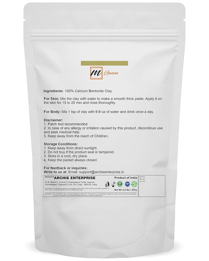 100% Natural Calcium Bentonite Clay Powder for Facial Masks, Creams, Body Wraps and Soap Making 0.5 LBS / 227 GMS