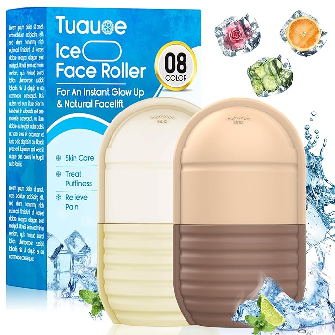 2Pcs Ice Roller for Face, Ice Face Roller, Reusable Silicone Ice Mold for Face, Facial Beauty Ice Roller Skin Care Tools for Shrink Pores Anti Wrinkle Reduce Puffiness (Brown + Yellow)
