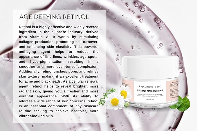 Ras Age Defying Retinol for Face, Plums out Fine Lines, Reduces Large Pores, Detoxify Skin from Free Redicals, Gives youthful Look, With Vitamin B3, Rose Extract, Chamomile, Centella Asiatica 50ml