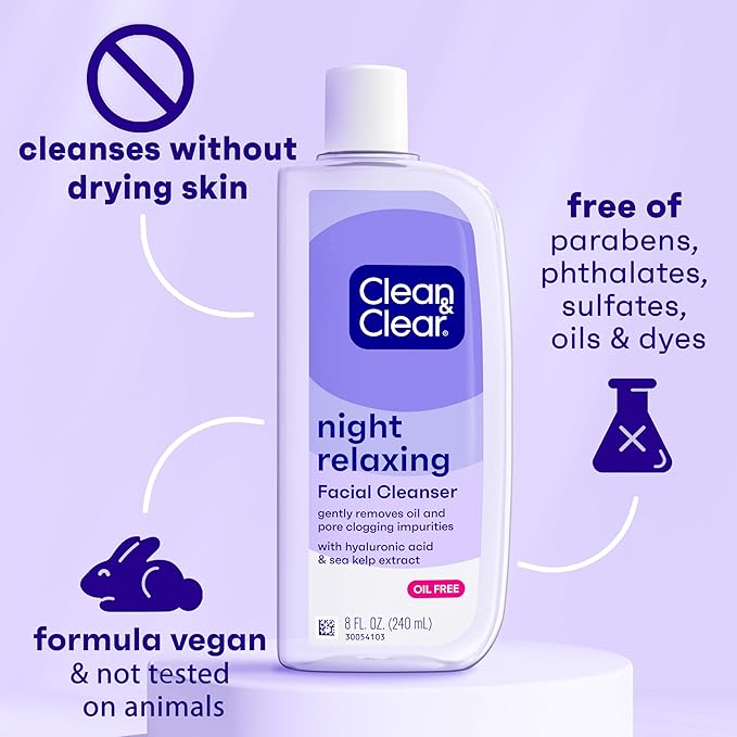 Clean & Clear Night Relaxing Oil-Free Deep Cleaning Face Wash with Deep Sea Minerals & Sea Kelp Extract, For All Skin Types, 8 fl. oz (Pack of 2)