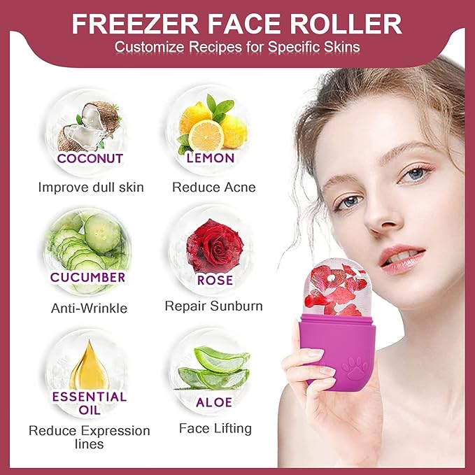 Ice Roller for Face & Eye, Facial Cold Massage Freezer Rollers, Multi-Functional Silicone Ice Face Mold Skin Care Tools for Puffiness Relief, Shrink Pores & Remove Fine Lines (Rose Red)