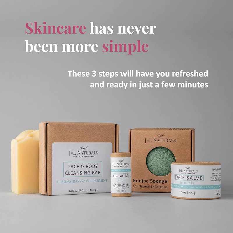J&L Naturals Simple Skin Regimen Kit With Cleansing Bar, Face Salve, Konjac Sponge, Lip Balm | For Oily, Dry, Mature, and Combination Skin | Zero Waste (Hydrate (dry skin), Simple)