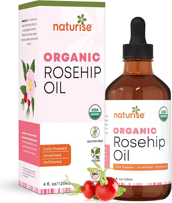 Organic Rosehip Seed Oil for Face, 100% Pure, Natural Cold Pressed Rose Hip Oil for Skin, Hair, Nails and Body Care (4 FL. OZ.)