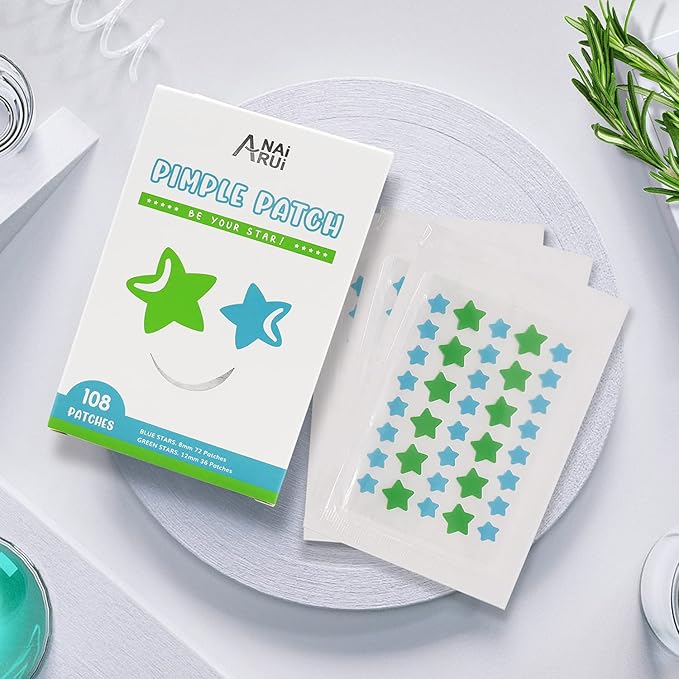 Star-Shaped Pimple Patch Hydrocolloid Acne Stickers with Tea Tree Oil + Salicylic Acid, Cover Dot for Acne Blemish, Pimples, Whiteheads, Zit, Draw out Oil & Impurities, 108 Dots, 12mm & 8mm