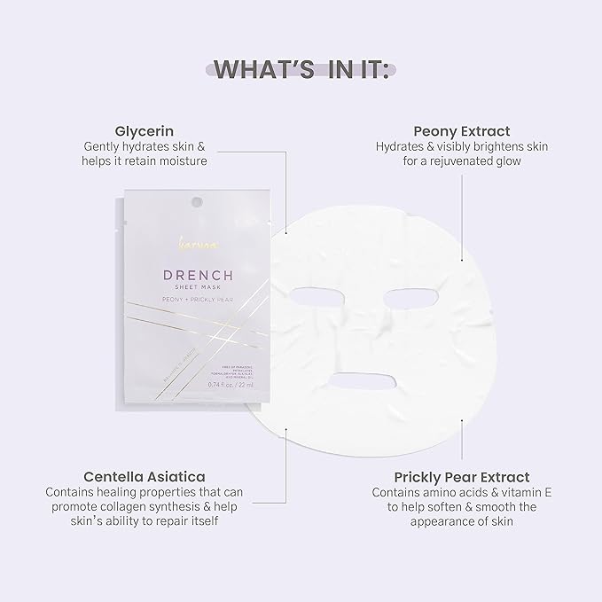 Karuna Skin - DRENCH Hydrating Sheet Mask, Pore-Minimizing Facial Skin Care Products, Hydrating Sheet Masks with Pear Extract & Peony, Face Mask for Skin with Acne & Dark Spots, 0.74 fl. oz./22 ml
