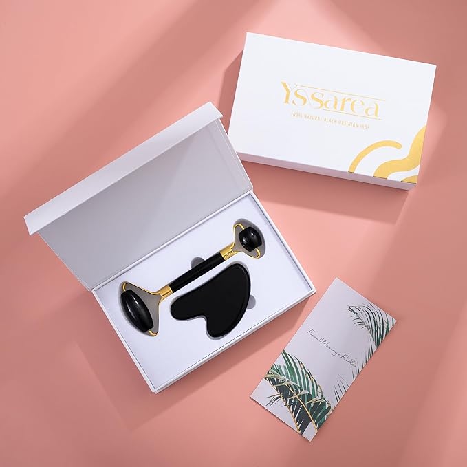 Yssarea Obsidian Roller and Gua Sha - Face Roller | 100% Natural Obsidian Stone Set | Dual Sided Face Massager | Reduces Signs of Aging, Black