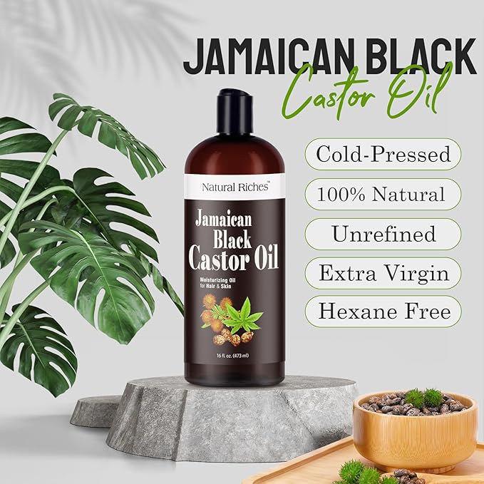 Natural Riches Jamaican Black Castor Oil Pure Organic Cold Pressed for Hair Growth Skin Care for Dry Skin Conditioning Eyebrows Eyelashes Scalp and Nail Moisturizes & Repairs 16fl.oz.