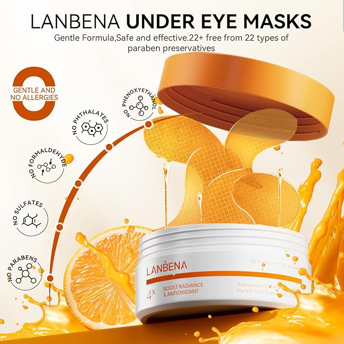 LANBENA Vitamin C Under Eye Patches for Dark Circles and Puffy Eyes, Cooling Eye Masks for Eye Bags, Fine Lines & Wrinkles Reduce, Anti-Aging, with Niacinamide Hydra-Gel Collagen-30 Pairs