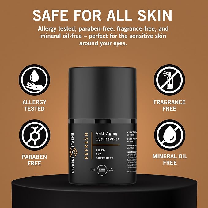 stubble & stache Refresh Under Eye Cream for Men – Reduces Puffiness, Smooths Fine Lines, Brightens Tired Eyes – With Acmella, Caffeine & Hyaluronic Acid – Fast-Absorbing, Fragrance-Free – 1oz
