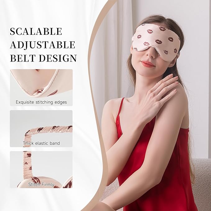 THXSILK Sleep Mask 100% 19 Momme Pure Mulberry Silk Super Smooth Cooling Decorative Sleep Eye Mask Blackout Eye Cover with Wide Head Strap, Sexy-Lip-Pink
