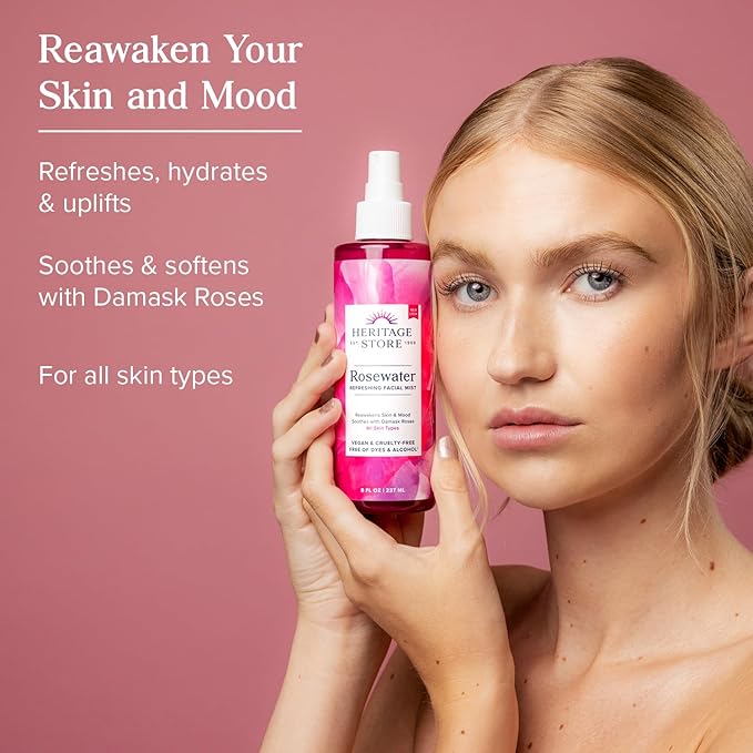 HERITAGE STORE Rosewater - Refreshing Facial Mist for Glowing Skin with Damask Rose, All Skin Types - Rose Water Spray for Face, Made Without Dyes or Alcohol, Hypoallergenic, Vegan, Cruelty Free, 12oz