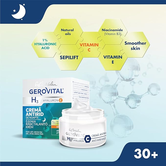 GEROVITAL HYALURON C Anti-Wrinkle Night Face Cream with Hyaluronic Acid, Vitamin C and E, Moisturizing and Regenerating Effect, for Dry, Normal Skin, 50 ml