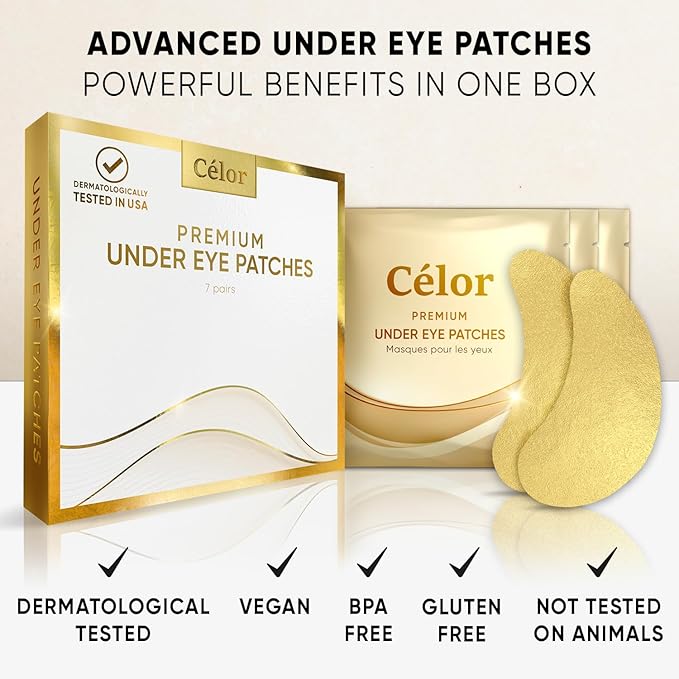 CÉLOR Under Eye Patches Premium - Golden Under Eye Mask Enriched with Hyaluronic Acid, Caffeine, Tea Tree & Collagen, under eye Patches for Women & Men (7 Pairs)