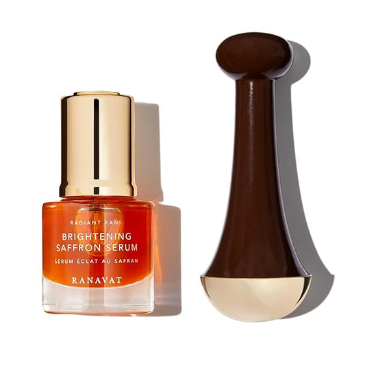 RANAVAT Radiant & Re-Energizing Skincare Duo - Brightening Saffron Serum & Kansa Wand Facial Massage Tool to Tone, Lift, & Improve Appearance of Dark Spots (2 Pieces)