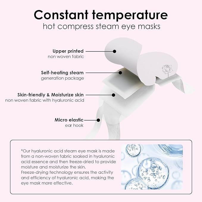 Disposable Hyaluronic Acid Eye Masks for Sleep & Relaxation, Heated Steam Eye Masks for Spa & Travel,Relieving Dry Eyes, Dark Circles & Puffiness, Gifts for Women,Rose 10 Packs
